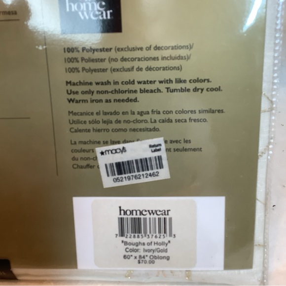 Christmas Table Cloth Oblong 60” X 84” Ivory Gold Metallic Embroidered Holly NEW - Picture 4 of 4